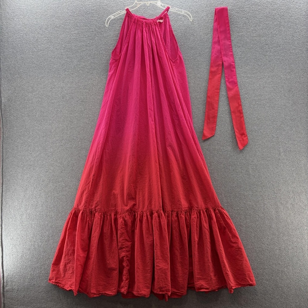 Maia Bergman Dress Large Pink Red Ombre Boho Halter Maxi Ruffle Hem Trapeze